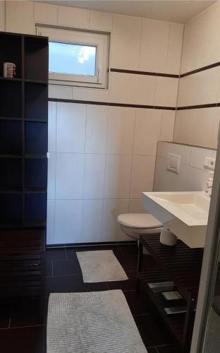 ein Bad mit einem Waschbecken, einem WC und einem Fenster in der Unterkunft Hochsalerblick in Laufenburg