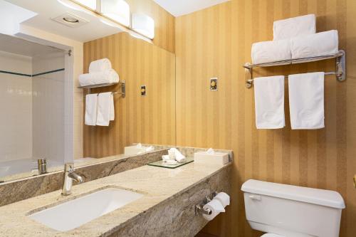 a bathroom with a sink and a toilet and a mirror at Executive Hotel Vancouver Airport in Richmond