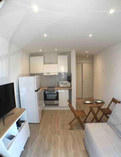 une cuisine et un salon avec un canapé et une table dans l'établissement Nice bas Cimiez- Coquet F1, climatisée, Parking, à Nice