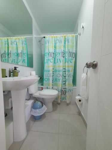 uma casa de banho com um WC e uma cortina de chuveiro em Acogedora habitación en departamento nuevo em Puerto Montt