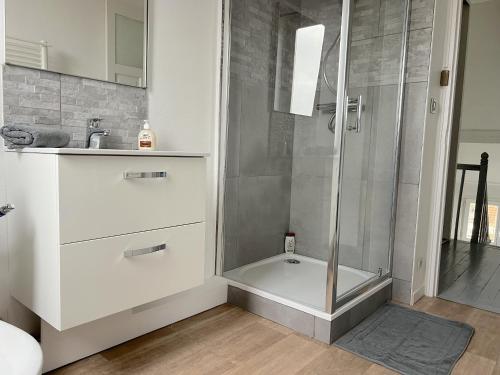 een badkamer met een douche en een wastafel bij Maison 5 chambres proche toutes commodités in Roubaix