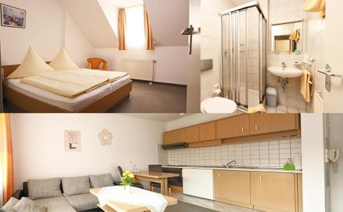 2 Bilder eines Schlafzimmers und eines Badezimmers in der Unterkunft Hotel zum Alten Wirt in Langenbach