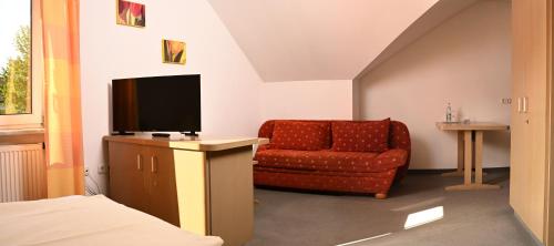 a living room with a chair and a television at Hotel zum Alten Wirt in Langenbach