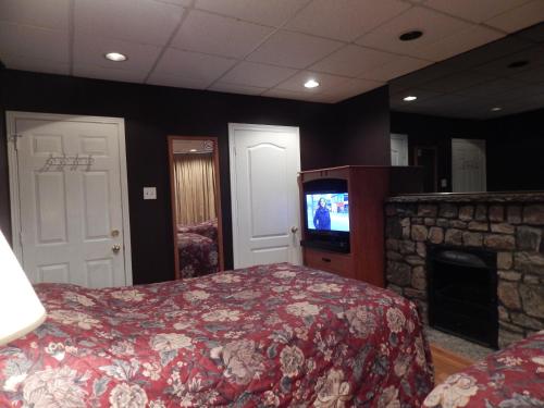 a bedroom with a bed and a tv and a fireplace at Nox Hostel in Toronto