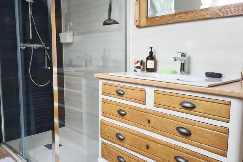 une salle de bain avec un lavabo et une douche dans l'établissement Gîte de charme 3 étoiles à proximité de la mer, à Saint-Molf