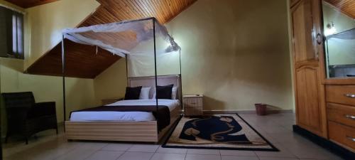 1 dormitorio con cama con dosel en una habitación en Ezeife Guesthouse, en Kampala