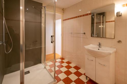 W łazience znajduje się prysznic i umywalka. w obiekcie De Waddenparel w mieście Kinnum