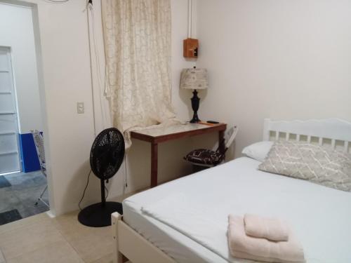 a bedroom with a bed and a desk and a chair at Hacienda Tropical Guest House in Belmopan