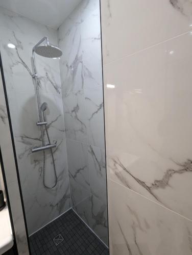 une salle de bain avec une douche avec une porte vitrée dans l'établissement appartement carré d'or, à Nice