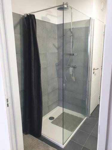 une douche avec une porte vitrée dans une salle de bain dans l'établissement Appartement à deux pas du port de Bonifacio, à Bonifacio