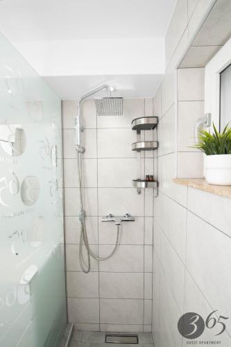 a bathroom with a shower and a sink at 365 Guest Apartment in Hunedoara
