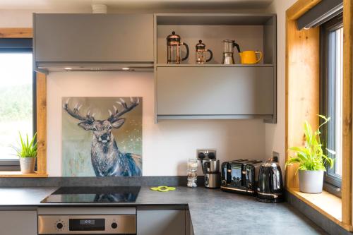 a kitchen with a picture of a deer on the wall at Luxury Cabins at Glenorchy Farm in Dalmally