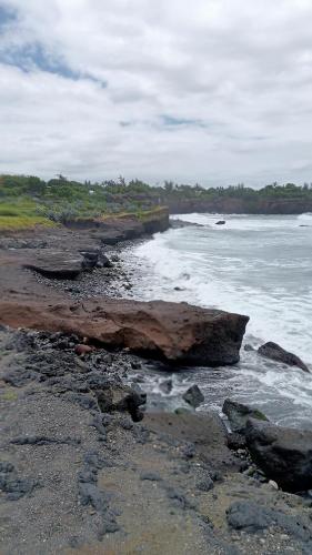 une plage avec des rochers et l'océan par une journée nuageuse dans l'établissement Le zami ola, à Trois Bassins
