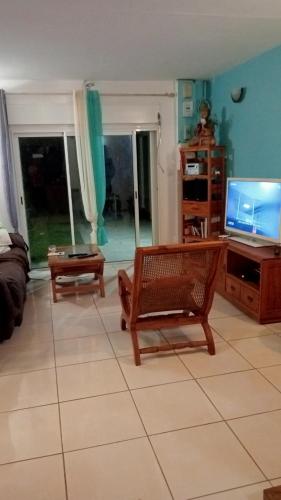 sala de estar con sofá y TV en Le zami ola en Trois Bassins
