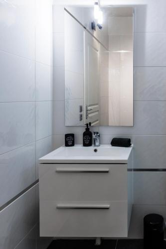 une salle de bain blanche avec un lavabo et un miroir dans l'établissement Manhattan Loft - centre - 5 mn à pied gare - parking privé - patio, à Troyes