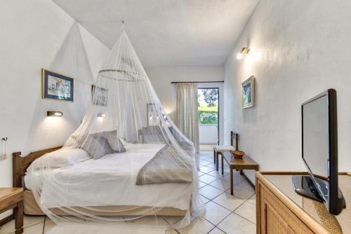 1 dormitorio con 1 cama con mosquitera en AQUARIUS HOTEL, en Vasilikos
