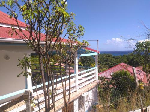 a white house with a red roof and a tree at Maison chaleureuse avec vue sur mer in Terre-de-Haut