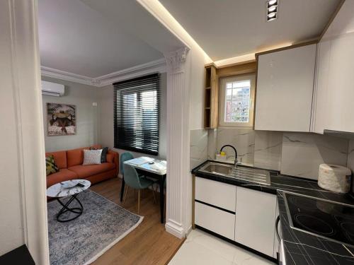 uma cozinha e uma sala de estar com um sofá vermelho em Leti Apartments M.Shyri2 em Tirana