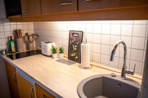 - un comptoir de cuisine avec un évier et un comptoir dans l'établissement VILLA I 100m Kurpark I Wintergarten Boxspringbett I NETFLIX, à Bad Salzuflen