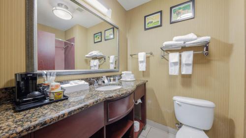 a bathroom with a sink and a toilet and a mirror at Comfort Suites Lawton Near Fort Sill in Lawton