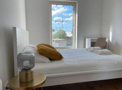 een witte slaapkamer met een groot bed en een raam bij One bedroom apartment in center w. Terrace&Parking in Luxemburg