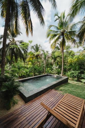 a swimming pool with a bench and palm trees at Naio Hotel y Villas By OxoHotel in Palomino