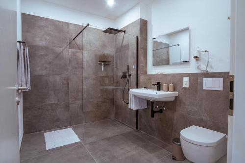 a bathroom with a shower and a toilet and a sink at Neue Loft im alten Kelterhaus - Urlaub im Wein- und Ferienort Bekond in Bekond