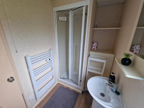 a bathroom with a shower and a toilet and a sink at Lunaeva Holiday Home in Saint Osyth