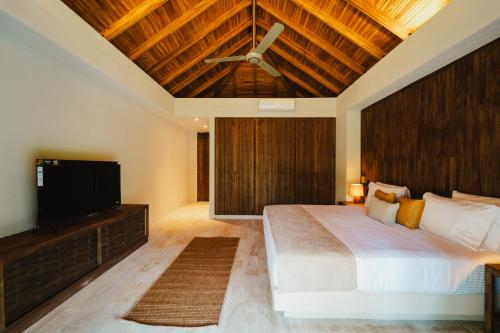 a bedroom with a bed and a flat screen tv at Naio Hotel y Villas By OxoHotel in Palomino