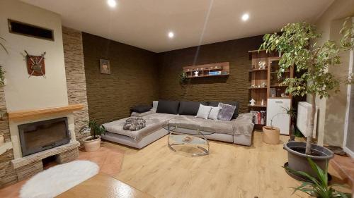 a living room with a couch and a fireplace at Apartmán Gaidi in Zlín