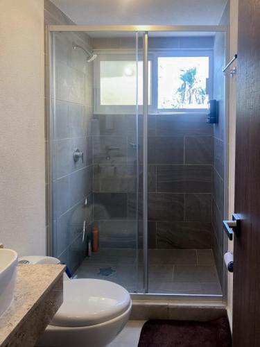 a bathroom with a shower with a toilet and a sink at Acapulco diamante, club de playa privado, canchas pádel para 8 huéspedes in Acapulco