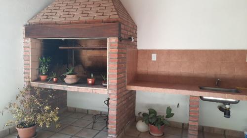 聖洛倫索的住宿－Casa en San Lorenzo，厨房配有带盆栽的砖炉