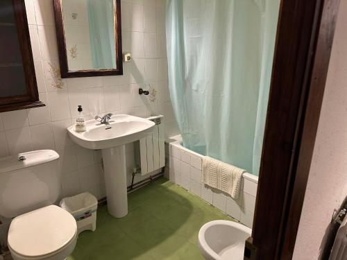 a bathroom with a sink and a toilet and a shower at Casa Rural El Reloj in Salobralejo