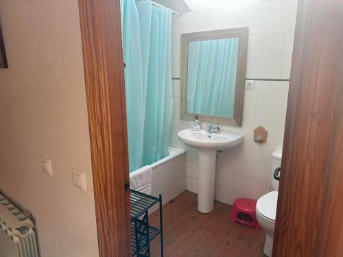 a bathroom with a sink and a toilet and a mirror at Casa Rural El Reloj in Salobralejo