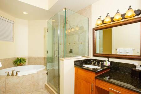 a bathroom with a shower and a sink and a tub at Grand Marina Suite by Brightwild-Waterfront Condo in Key West