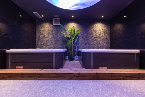 a stage with two benches and a potted plant at Destiny Hotel & SPA in Tirana