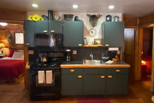 uma cozinha com um fogão e um lavatório num quarto em Tahoma Meadows em Tahoma