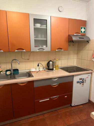 a small kitchen with a sink and a refrigerator at Travel House Wrocław in Wrocław