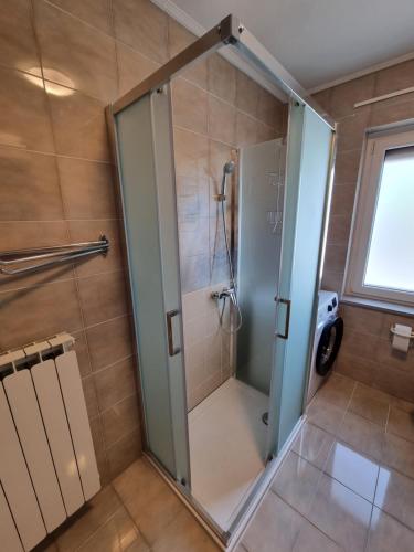a shower with a glass door in a bathroom at Pri Stari murvi in Vogrsko