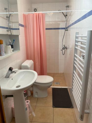 W łazience znajduje się umywalka, toaleta i prysznic. w obiekcie au pied de la vallée w mieście Saint-Étienne-de-Cuines