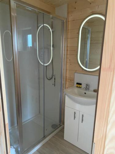 a bathroom with a shower and a sink at Country Cabin in Mullagh