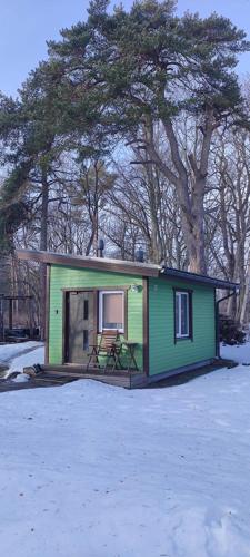 een klein groen tiny house in de sneeuw bij Laulasmaa Sleeps in Laulasmaa