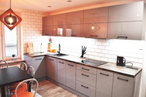 a kitchen with stainless steel cabinets and a table at Apartament Aleksandra in Tolkmicko