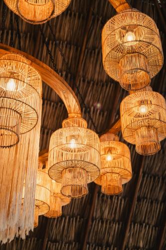 a group of wicker chandeliers hanging from a ceiling at Naio Hotel y Villas By OxoHotel in Palomino