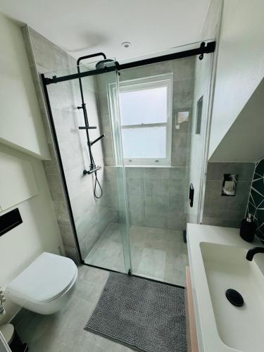 a bathroom with a shower and a toilet and a sink at Stunning Flat in Chiswick in London