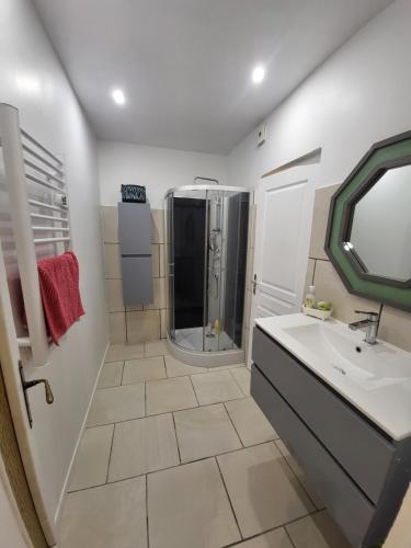 uma casa de banho com um chuveiro, um lavatório e um espelho. em Appart spacieux à 2 pas du port em La Ciotat
