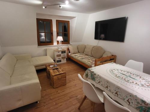 ein Wohnzimmer mit einem Sofa und einem Flachbild-TV in der Unterkunft Bergblick in Königstein an der Elbe