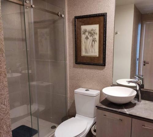 a bathroom with a toilet and a sink and a shower at Centro de Convenciones CitiBanamex y Polanco in Mexico City
