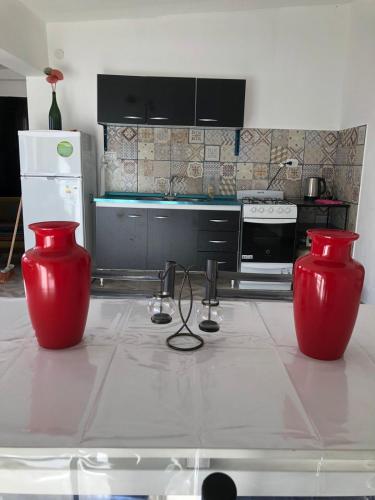 a kitchen with two red vases on the floor at la prosperidad in Tinogasta