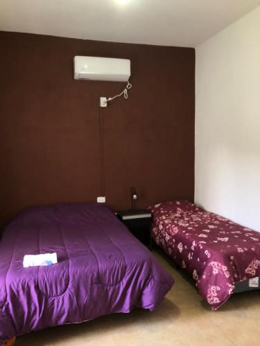 1 dormitorio con cama morada junto a una ventana en la prosperidad en Tinogasta